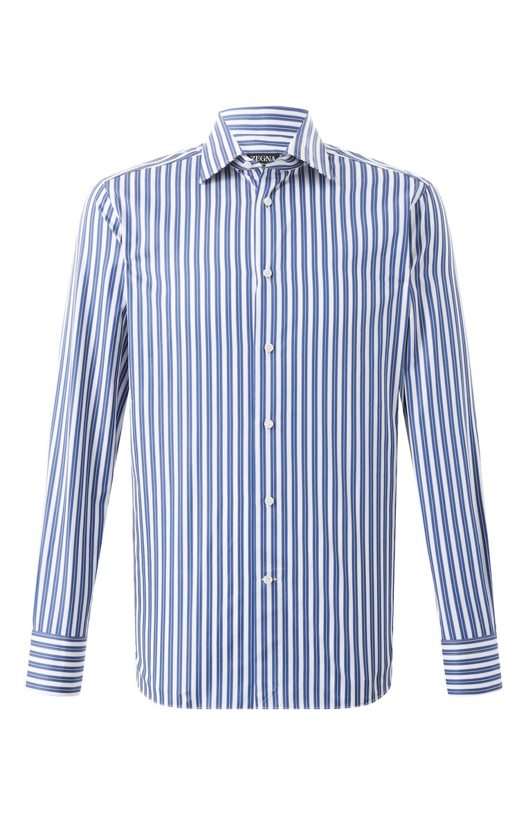 Мужская хлопковая рубашка ZEGNA темно-синего цвета, арт. 701526A7/9MS0JI | Фото 1 (Материал сплава: Проставлено; Материал внешний: Хлопок; Рукава: Длинные; Стили: Кэжуэл; Драгоценные камни: Проставлено; Длина (для топов): Стандартные; Рубашки М: Slim Fit; Воротник: Кент; Манжеты: На пуговицах; Принт: Полоска; Случай: Повседневный)