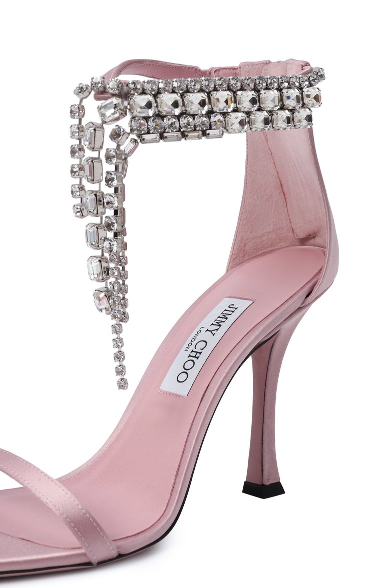Женские текстильные босоножки verity 100 JIMMY CHOO розового цвета, арт. VERITY SANDAL 100/SAT | Фото 7 (Материал внешний: Текстиль; Подошва: Плоская; Драгоценные камни: Проставлено; Материал внутренний: Натуральная кожа; Каблук высота: Высокий; Материал сплава: Проставлено; Каблук тип: Шпилька)