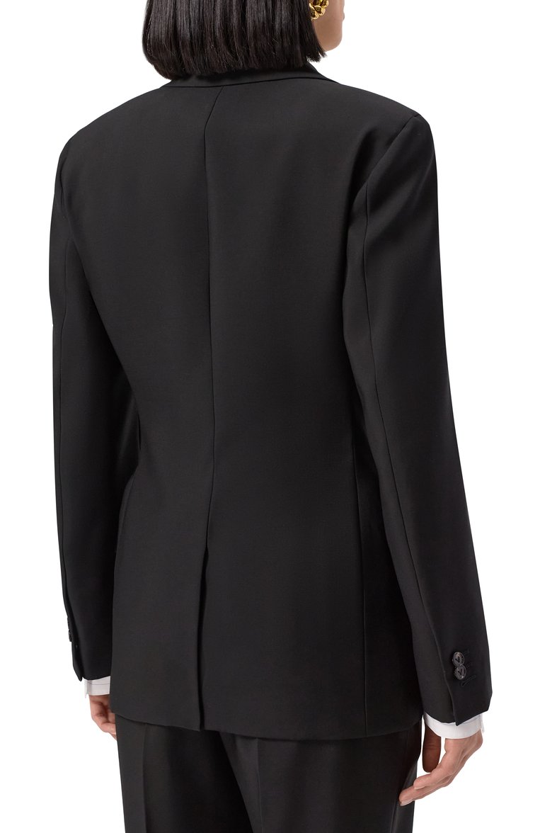 Женский шерстяной жакет BOTTEGA VENETA черного цвета, арт. 820067/V0B30 | Фото 4 (Автоматизация состава: Проставлено; Материал внешний: Шерсть; Автоматизация ТО: Проставлено; Рукава: Длинные; Длина (для топов): Стандартные; Кросс-КТ: костюм; Женское Кросс-КТ: Жакет-одежда; 1-2-бортные: Однобортные; Стили: Классический)