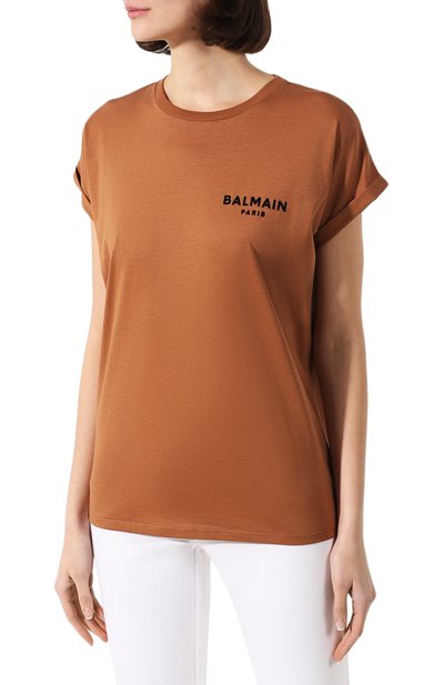 Хлопковая футболка BALMAIN коричневого цвета по цене 26200 руб., арт. TF11351/I382, фото 3 Хлопковая футболка BALMAIN, арт. TF11351/I382, фото 3