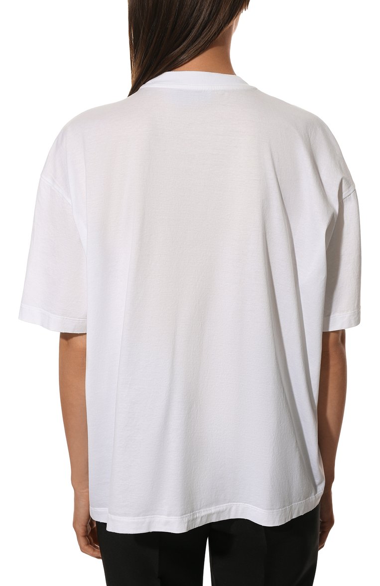 Женская хлопковая футболка PRADA белого цвета, арт. 3572A-1ZPL-F0009-212 | Фото 4 (Материал внешний: Хлопок; Стили: Спорт-шик; Принт: Без принта; Рукава: Короткие; Длина (для топов): Стандартные; Нос: Не проставлено; Материал сплава: Проставлено; Региональные ограничения белый список (Axapta Mercury): Не проставлено)