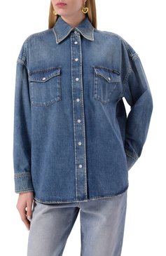 Женская джинсовая рубашка DOLCE & GABBANA синего цвета, арт. F5T15D/G8MM1 | Фото 3 (Материал сплава: Проставлено; Драгоценные камни: Проставлено; Рукава: Длинные; Длина (для топов): Удлиненные; Кросс-КТ: Деним; Стили: Кэжуэл; Женское Кросс-КТ: Рубашка-одежда; Принт: Без принта; Материал внешний: Деним, Хлопок)