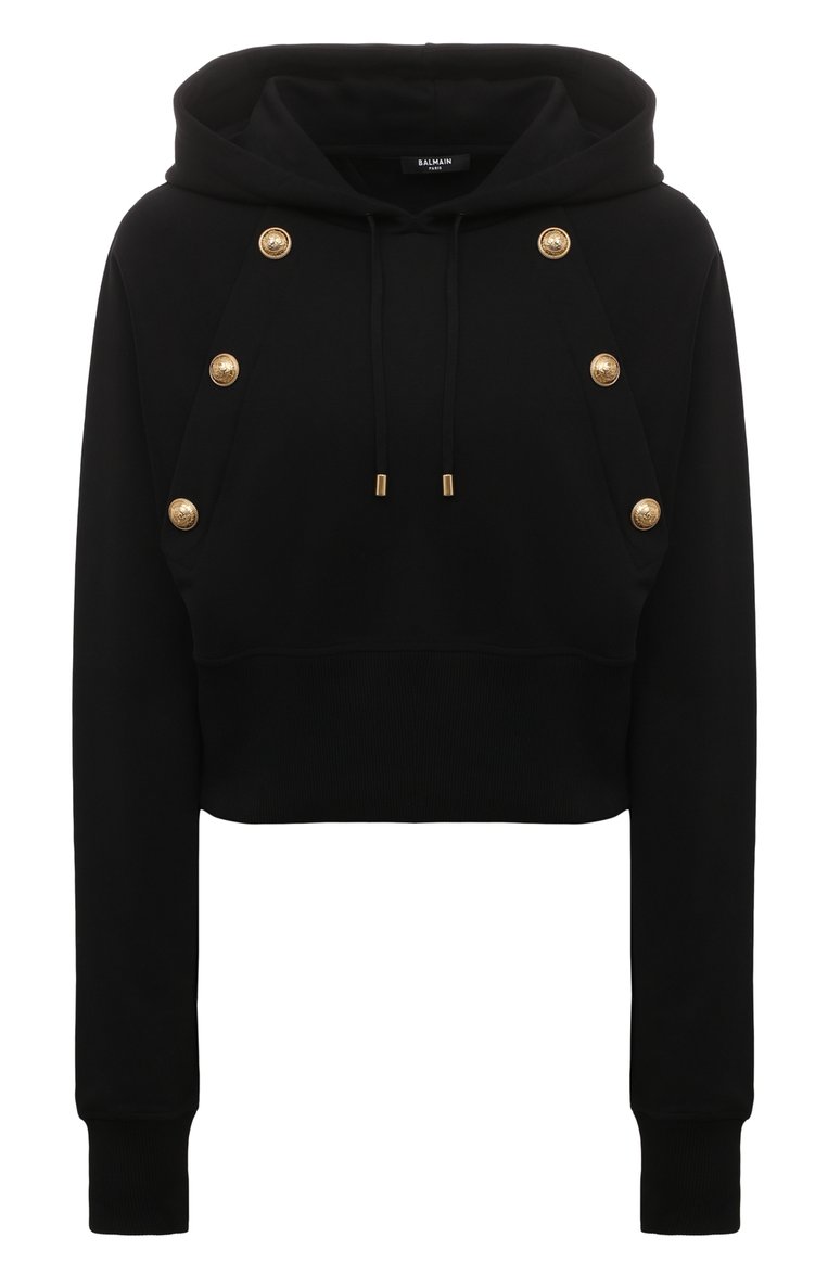 Женский хлопковое худи BALMAIN черного цвета, арт. AF1JP032JB13 | Фото 1 (Рукава: Длинные; Материал внешний: Хлопок; Длина (для топов): Укороченные; Женское Кросс-КТ: Худи-одежда; Стили: Спорт-шик)