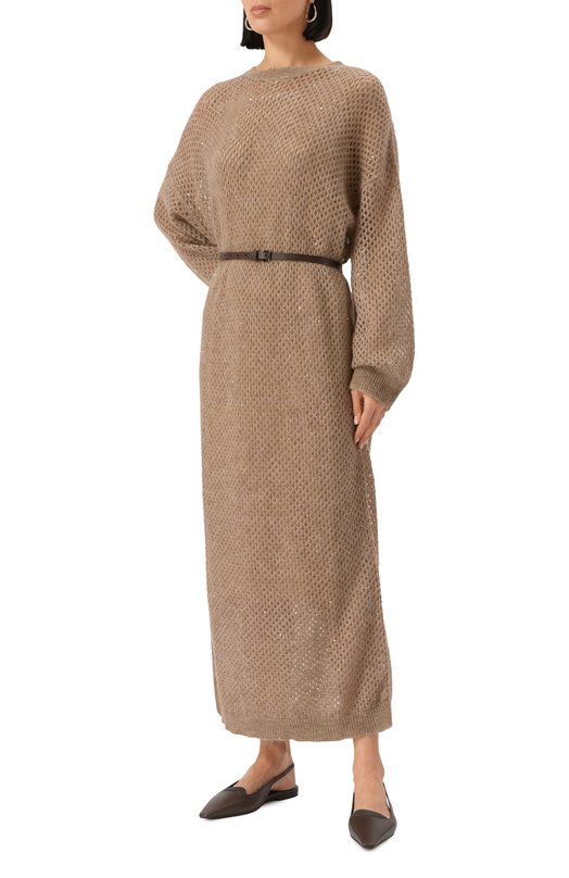 Платье из шерсти и хлопка Brunello Cucinelli MPS732A90P Бежевый  MPS732A90P Фото 4