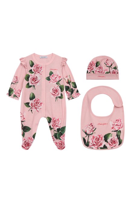 Детский комплект из трех предметов DOLCE & GABBANA розового цвета, арт. L2J03V/II7GM | Фото 1 (Материал внешний: Хлопок; Нос: Не проставлено; Материал сплава: Проставлено)