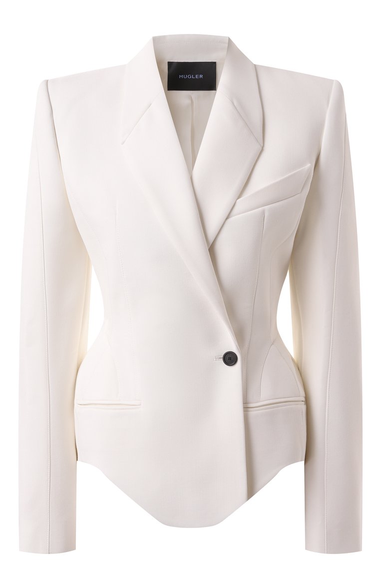 Женский жакет из вискозы и шерсти MUGLER белого цвета, арт. 25P1VE0390196 | Фото 1 (Рукава: Длинные; Длина (для топов): Стандартные; Материал внешний: Вискоза; Кросс-КТ: костюм; 1-2-бортные: Однобортные; Женское Кросс-КТ: Жакет-одежда; Стили: Кэжуэл)