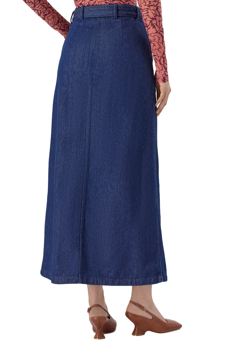 Женская джинсовая юбка DRIES VAN NOTEN синего цвета, арт. 251-010825-1562 | Фото 4 (Материал внешний: Хлопок, Деним; Кросс-КТ: Деним; Стили: Минимализм; Длина Ж (юбки, платья, шорты): Миди; Автоматизация ТО: Проставлено; Автоматизация состава: Проставлено)