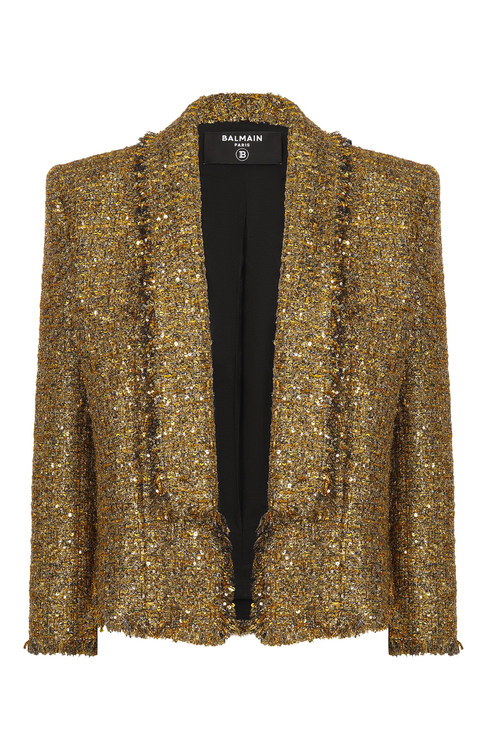 Твидовый жакет BALMAIN золотого цвета по цене 514500 руб., арт. HF1SC308/XM19, фото 1 Твидовый жакет BALMAIN, арт. HF1SC308/XM19, фото 1