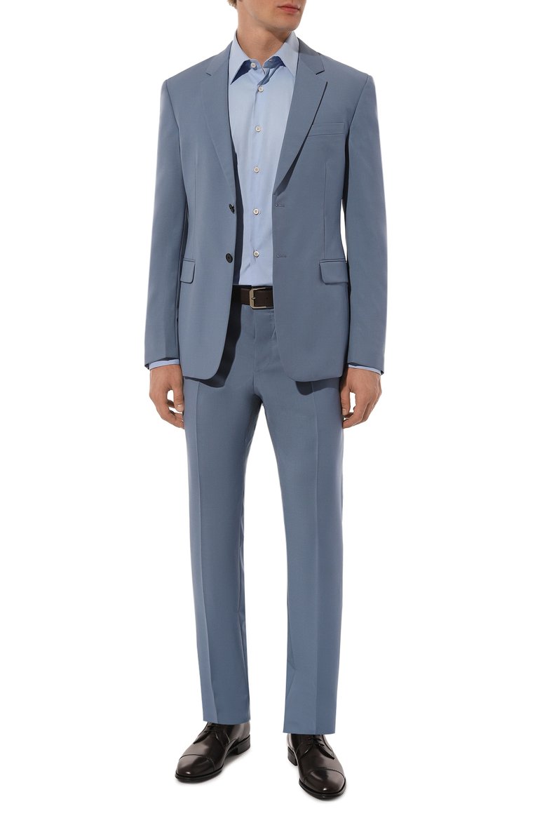 Мужской шерстяной костюм PRADA голубого цвета, арт. UAD407-D39-F0154-142 | Фото 2 (Рукава: Длинные; Материал внешний: Шерсть; Стили: Классический; Костюмы М: Однобортный)