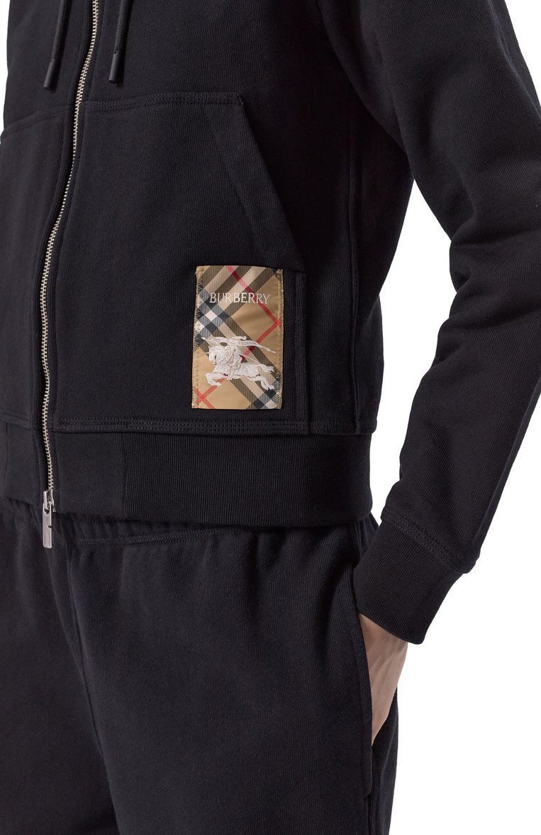 Женский хлопковая толстовка BURBERRY черного цвета, арт. 8101878 | Фото 5 (Рукава: Длинные; Длина (для топов): Стандартные; Драгоценные камни: Проставлено; Материал сплава: Проставлено; Женское Кросс-КТ: �Кардиган-одежда; Стили: Спорт-шик; Материал внешний: Хлопок)