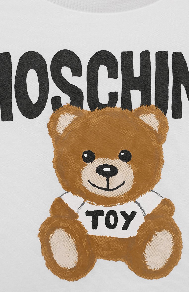 Детская укороченная футболка MOSCHINO белого цвета, арт. HDM04X/LBA10/4-8 | Фото 3 (Девочки Кросс-КТ: футболка-одежда; Рукава: Короткие; Материал сплава: Проставлено; Материал внешний: Хлопок; Драгоценные камни: Проставлено)