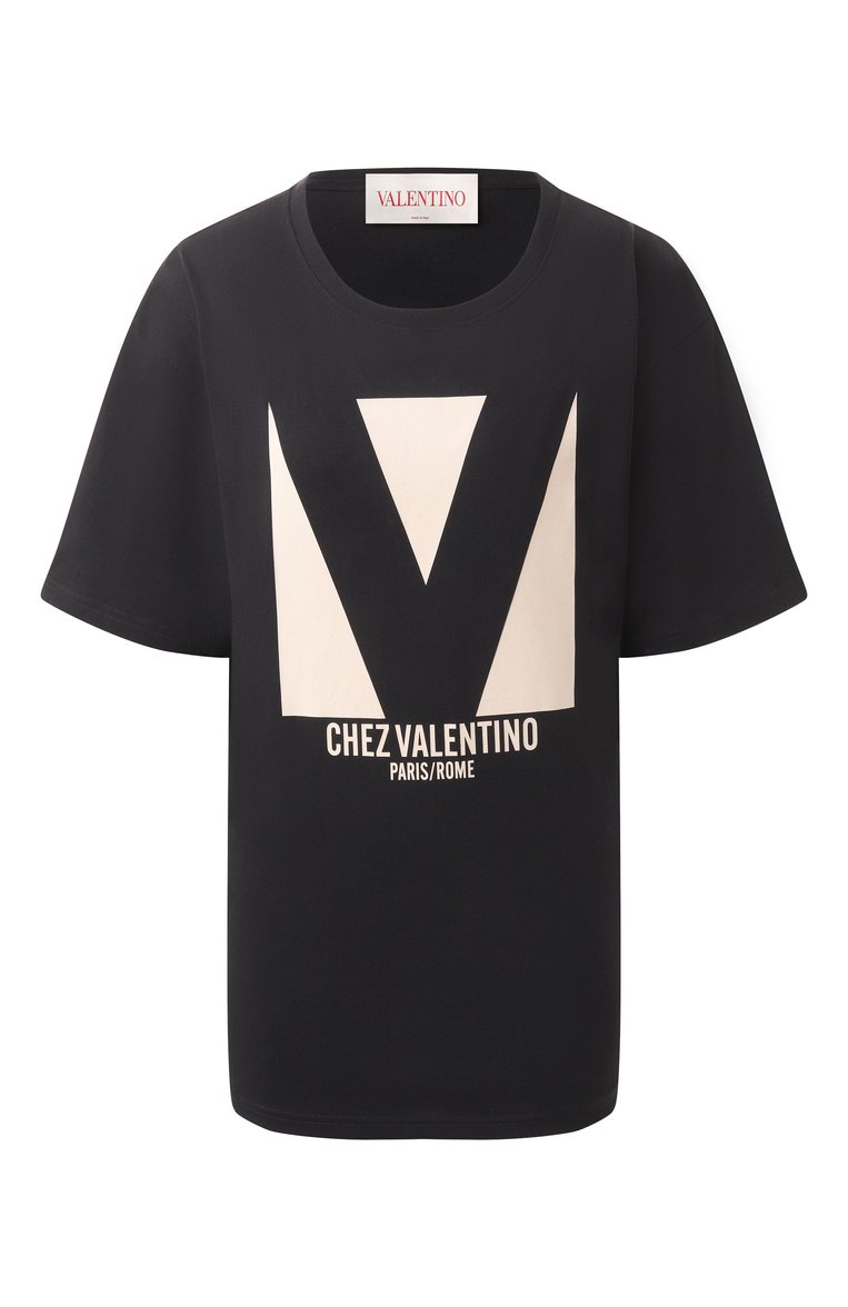 Женская хлопковая футболка VALENTINO черного цвета, арт. 6B3MG24H/95W | Фото 1 (Рукава: Короткие; Материал внешний: Хлопок; Длина (для топов): Стандартные; Стили: Кэжуэл; Принт: С принтом; Женское Кросс-КТ: Футболка-одежда)