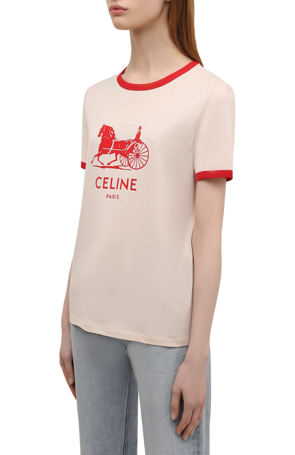Хлопковая футболка CELINE бежевого цвета по цене 42400 руб., арт. 2X575671Q, фото 3 Хлопковая футболка CELINE, арт. 2X575671Q, фото 3