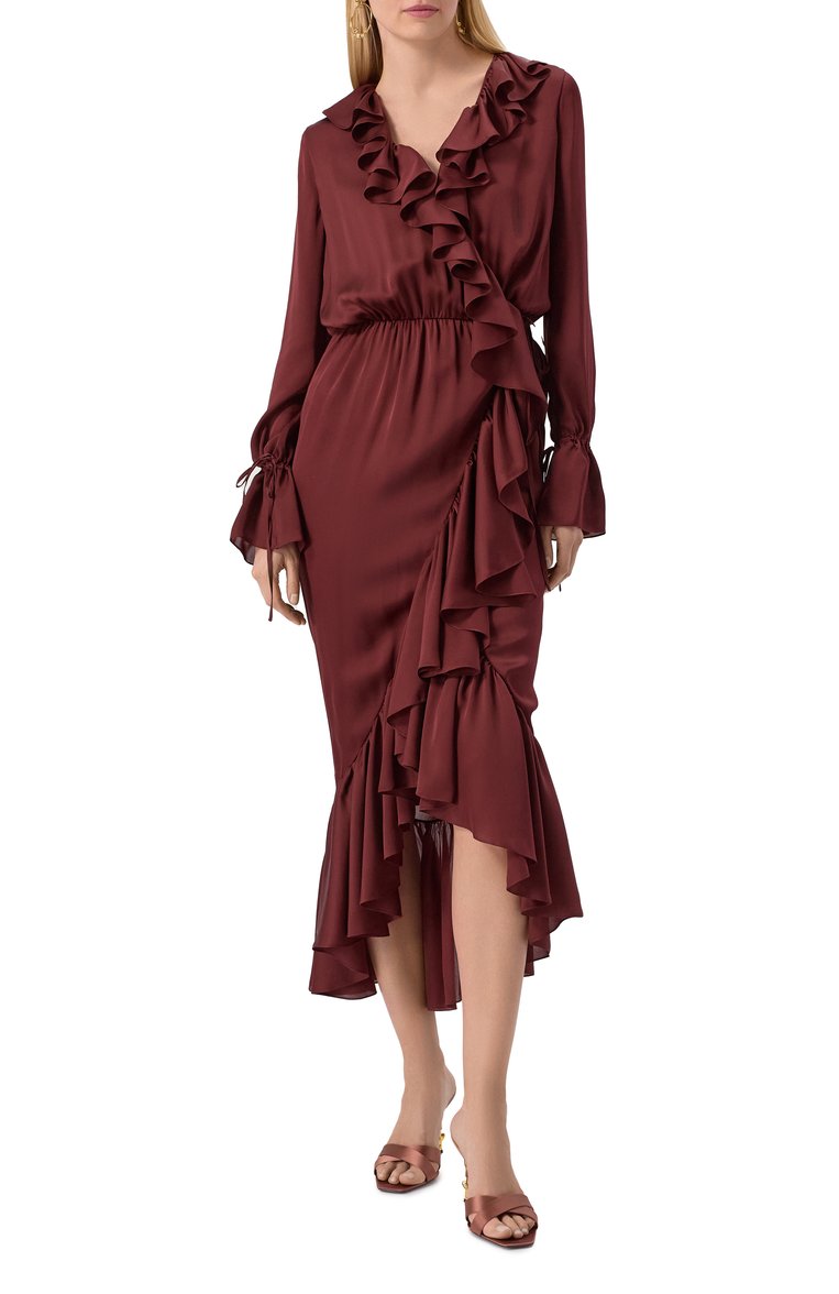 Женское шелковое платье SAINT LAURENT бордового цвета, арт. 814446/Y720W | Фото 3 (Рукава: Длинные; Автоматизация ТО: Проставлено; Материал внешний: Шелк; Длина Ж (юбки, платья, шорты): Макси; Автоматизация состава: Проставлено; Женское Кросс-КТ: Платье-одежда; Случай: Коктейльный; Стили: Кэжуэл)