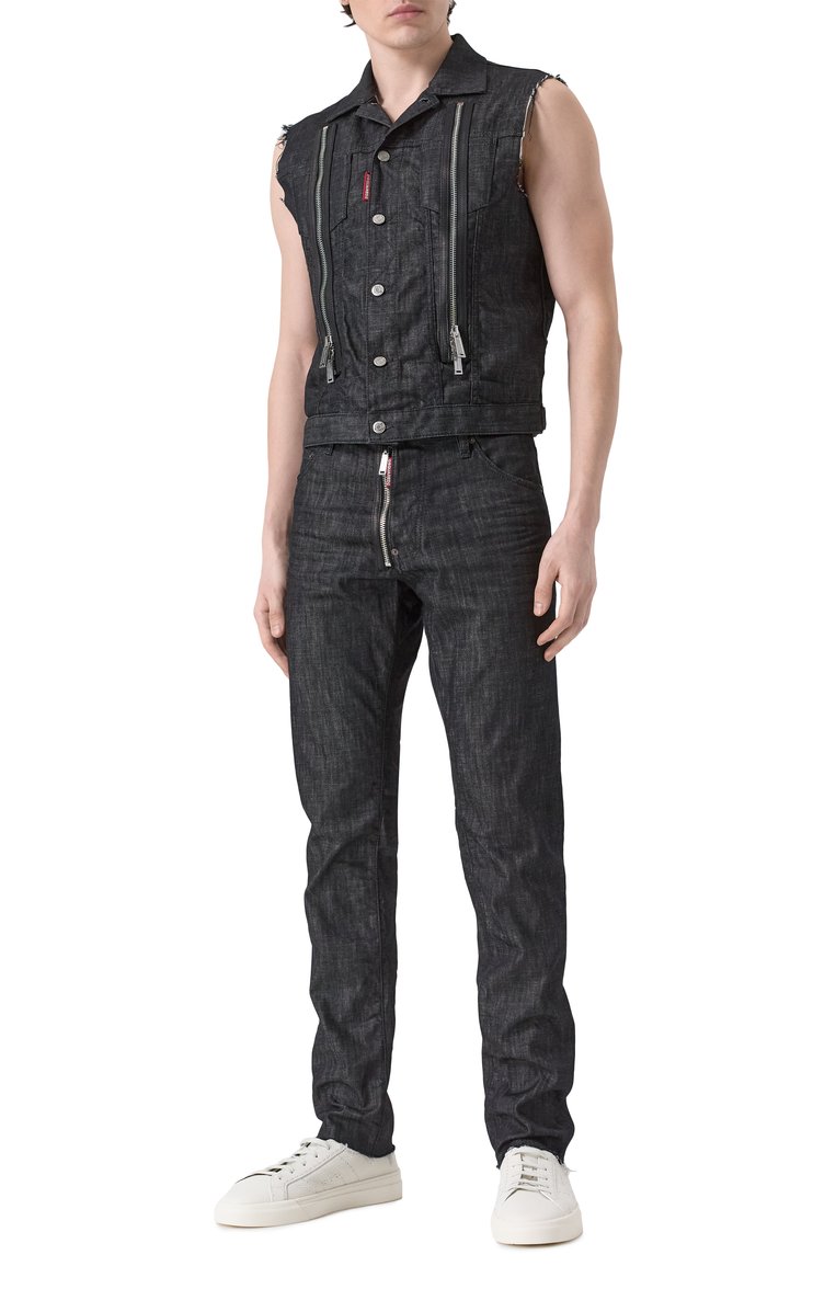 Мужской джинсовый жилет DSQUARED2 черного цвета, арт. S71FB0488/S30357 | Фото 2 (Драгоценные камни: Проставлено; Материал сплава: Проставлено; Длина (верхняя одежда): Короткие; Материал внешний: Деним, Хлопок; Кросс-КТ: Деним; Стили: Гранж)