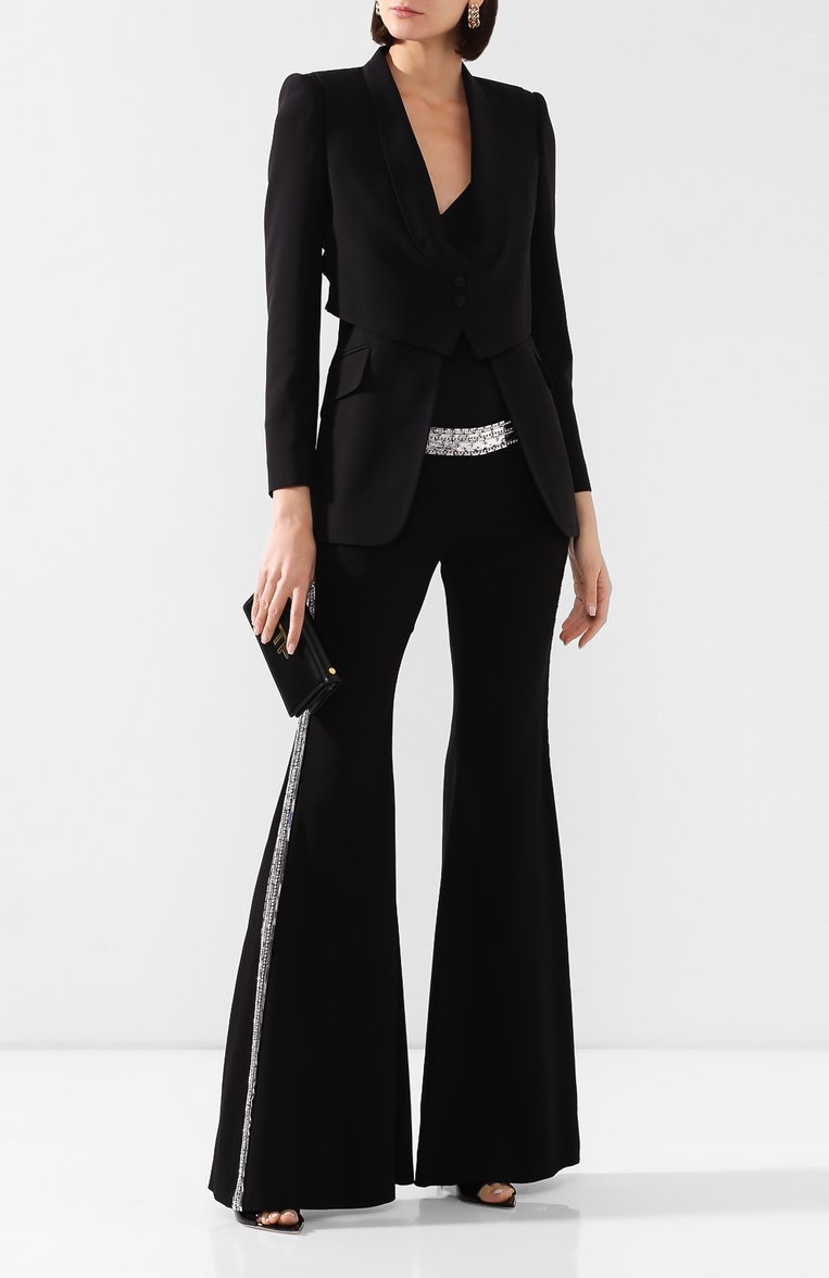 Женский жакет ALEXANDER MCQUEEN черного цвета, арт. 621339/QEAAA | Фото 2 (Рукава: Длинные; Длина (для топов): Стандартные; Материал подклада: Купро; Материал внешний: Синтетический материал, Вискоза; 1-2-бортные: Однобортные; Женское Кросс-КТ: Жакет-одежда; Случай: Вечерний)