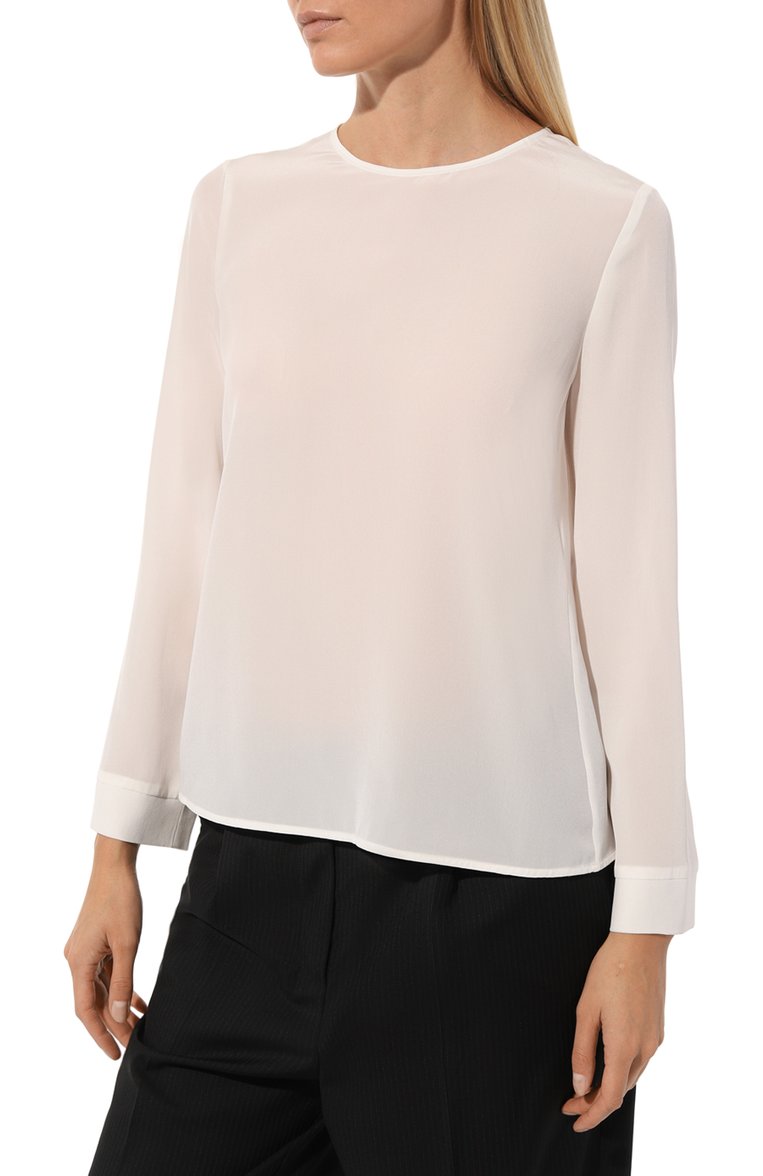 Женский шелковый топ EMPORIO ARMANI белого цвета, арт. 0NC3AT/02301 | Фото 3 (Рукава: Длинные; Материал внешний: Шелк; Длина (для топов): Стандартные; Стили: Романтичный)