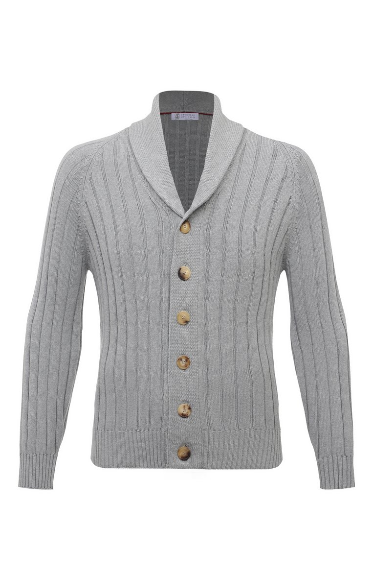 Мужской хлопковый кардиган BRUNELLO CUCINELLI серого цвета, арт. M2870B2303 | Фото 1 (Рукава: Длинные; Длина (для топов): Стандартные; Материал внешний: Хлопок; Мужское Кросс-КТ: Кардиган-одежда; Стили: Кэжуэл; Застежка: Пуговицы)