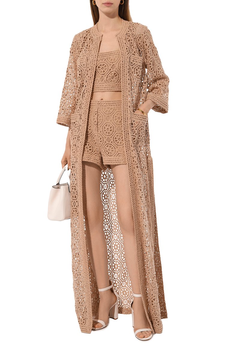 Женская хлопковая накидка ELIE SAAB бежевого цвета, арт. J0040N | Фото 2 (Материал внешний: Хлопок; Длина (верхняя одежда): Длинные; Стили: Этно; Кросс-КТ: Куртка)