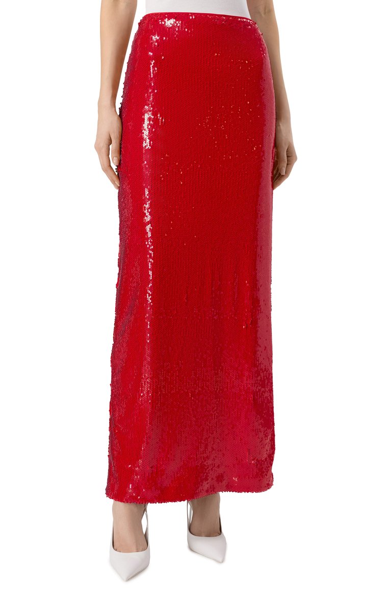 Женская юбка с отделкой пайетками MSGM красного цвета, арт. 3842MDD12/257309 | Фото 3 (Длина Ж (юбки, платья, шорты): Макси; Материал внешний: Синтетический материал; Автоматизация ТО: Проставлено; Автоматизация состава: Проставлено; Женское Кросс-КТ: Юбка-карандаш; Стили: Гламурный)