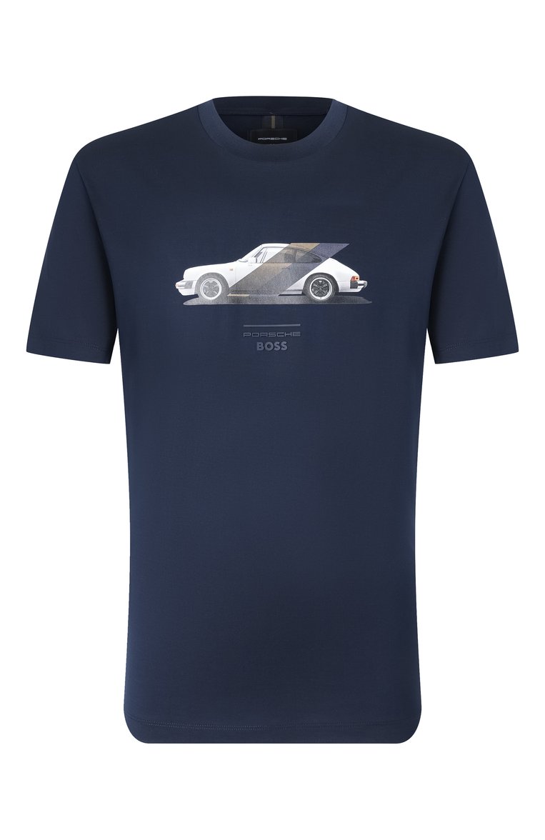 Мужская хлопковая футболка boss x porsche BOSS темно-синего цвета, арт. 50531455 | Фото 1 (Длина (для топов): Стандартные; Материал внешний: Хлопок; Рукава: Короткие; Принт: С принтом; Стили: Кэжуэл; Кросс-КТ: Джерси; Мужское Кросс-КТ: Футболка-одежда)