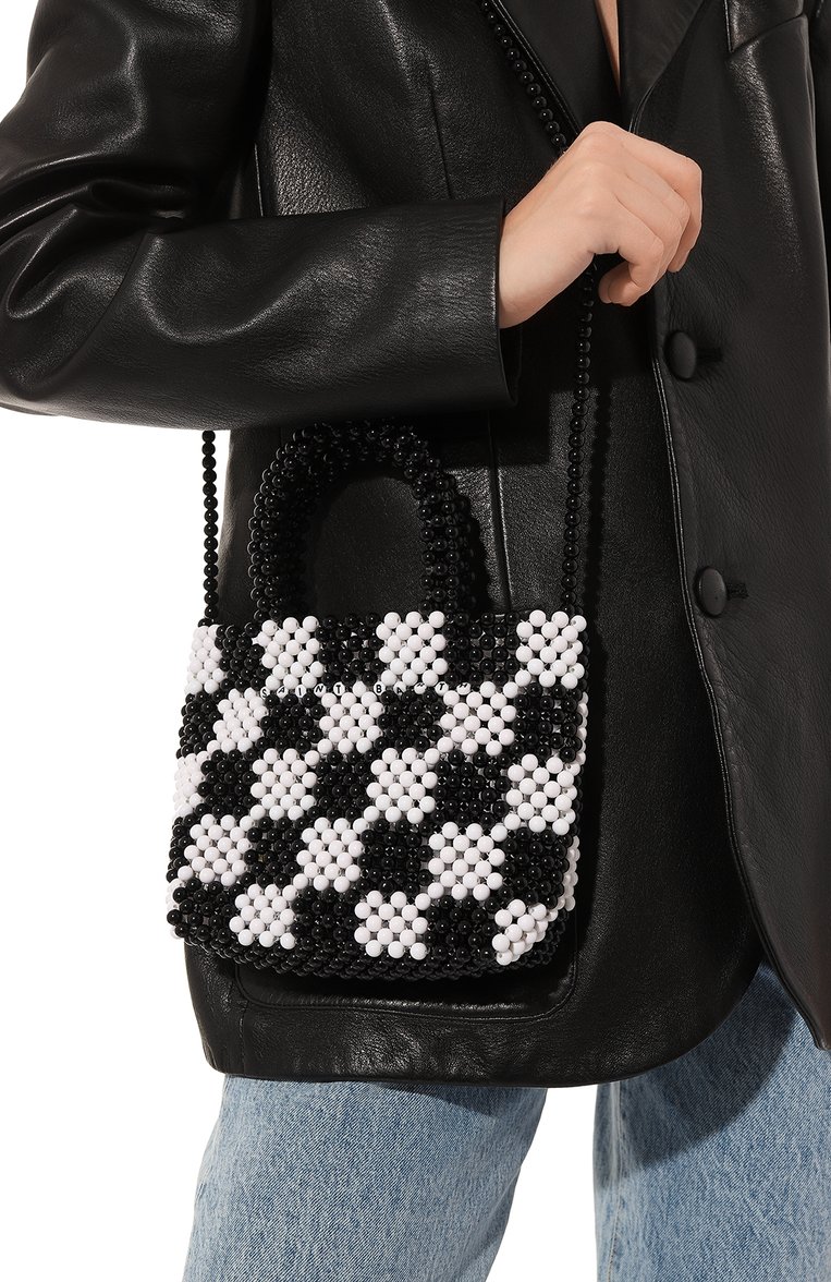 Женская сумка MC2 SAINT BARTH черно-белого цвета, арт. STBA/BEADED SMALL BAG/04210D | Фото 2 (Ремень/цепочка: На ремешке; Размер: mini; Материал: Текстиль; Сумки-технические: Сумки top-handle, Сумки через плечо)