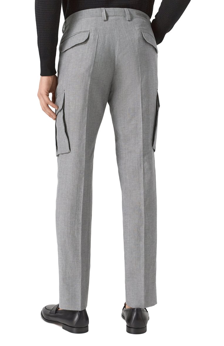 Мужские брюки-карго из шерсти и льна CORNELIANI серого цвета, арт. 254L02-2514164 | Фото 4 (Материал внешний: Шерсть, Лен; Длина (брюки, джинсы): Стандартные; Материал сплава: Проставлено; Драгоценные камни: Проставлено; Силуэт М (брюки): Карго; Случай: Повседневный; Стили: Кэжуэл)