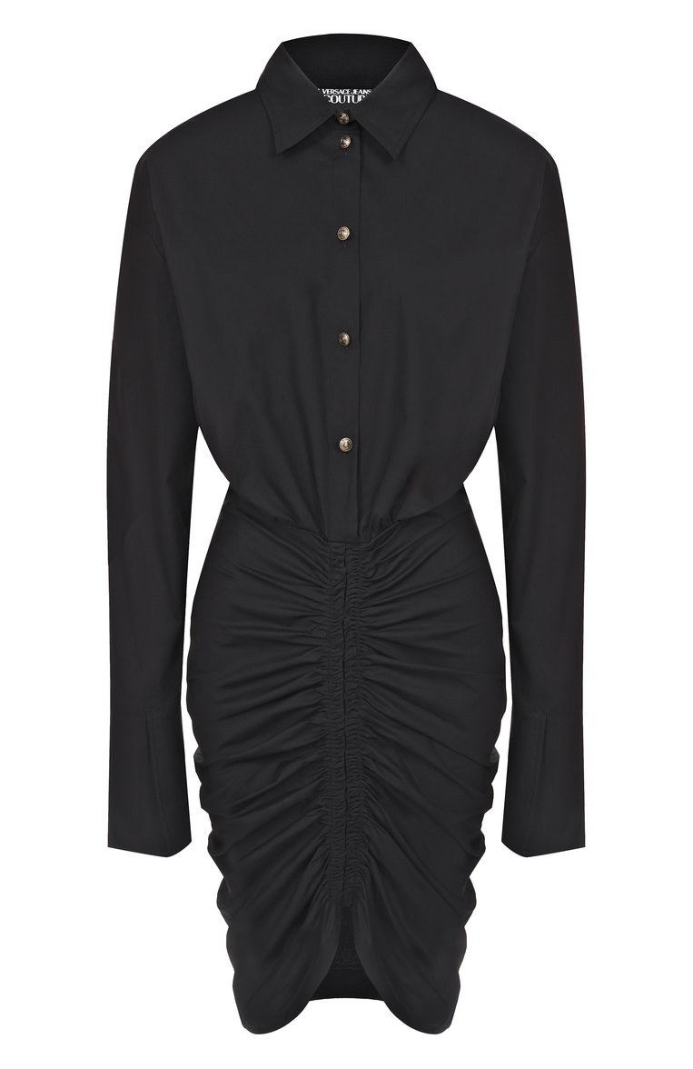 Женское хлопковое платье VERSACE JEANS COUTURE черного цвета, арт. 78HA0902/N0431 | Фото 1 (Рукава: Длинные; Материал внешний: Хлопок; Стили: Кэжуэл; Женское Кросс-КТ: Платье-одежда; Случай: Коктейльный; Автоматизация состава: Проставлено; Длина Ж (юбки, платья, шорты): Мини; Автоматизация ТО: Проставлено)