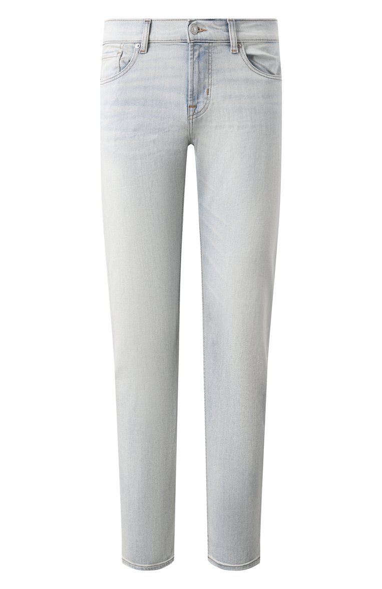 Мужские джинсы 7 FOR ALL MANKIND голубого цвета, арт. JSMNC120MZ | Фото 1 (Материал внешний: Хлопок, Деним; Драгоценные камни: Проставлено; Длина (брюки, джинсы): Стандартные; Материал сплава: Проставлено; Детали: Делаве; Кросс-КТ: Деним; Силуэт М (брюки): Прямые; Стили: Кэжуэл, Повседневный)
