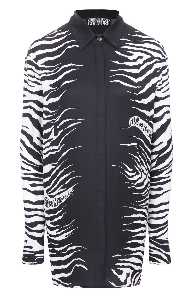 Женская блузка из вискозы VERSACE JEANS COUTURE черно-белого цвета, арт. 78HAL2P2/NS635 | Фото 1 (Материал внешний: Вискоза; Длина (для топов): Удлиненные; Рукава: Длинные; Автоматизация состава: Проставлено; Автоматизация ТО: Проставлено; Кросс-КТ: костюм; Принт: С принтом; Женское Кросс-КТ: Блуза-одежда; Стили: Гламурный, Кэжуэл)