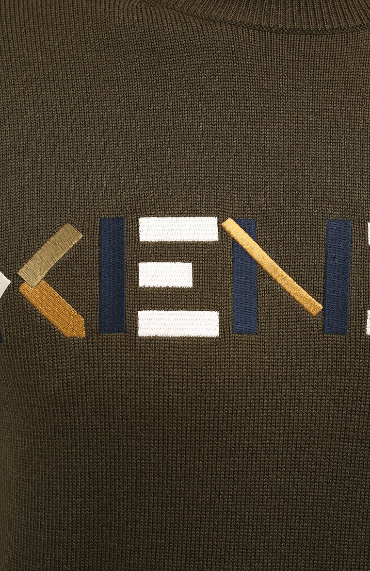 Мужской шерстяной джемпер KENZO хаки цвета, арт. FA65PU5413LA | Фото 5 (Рукава: Длинные; Длина (для топов): Стандартные; Материал внешний: Шерсть; Мужское Кросс-КТ: Джемперы; Принт: С принтом; Вырез: Круглый; Стили: Кэжуэл)