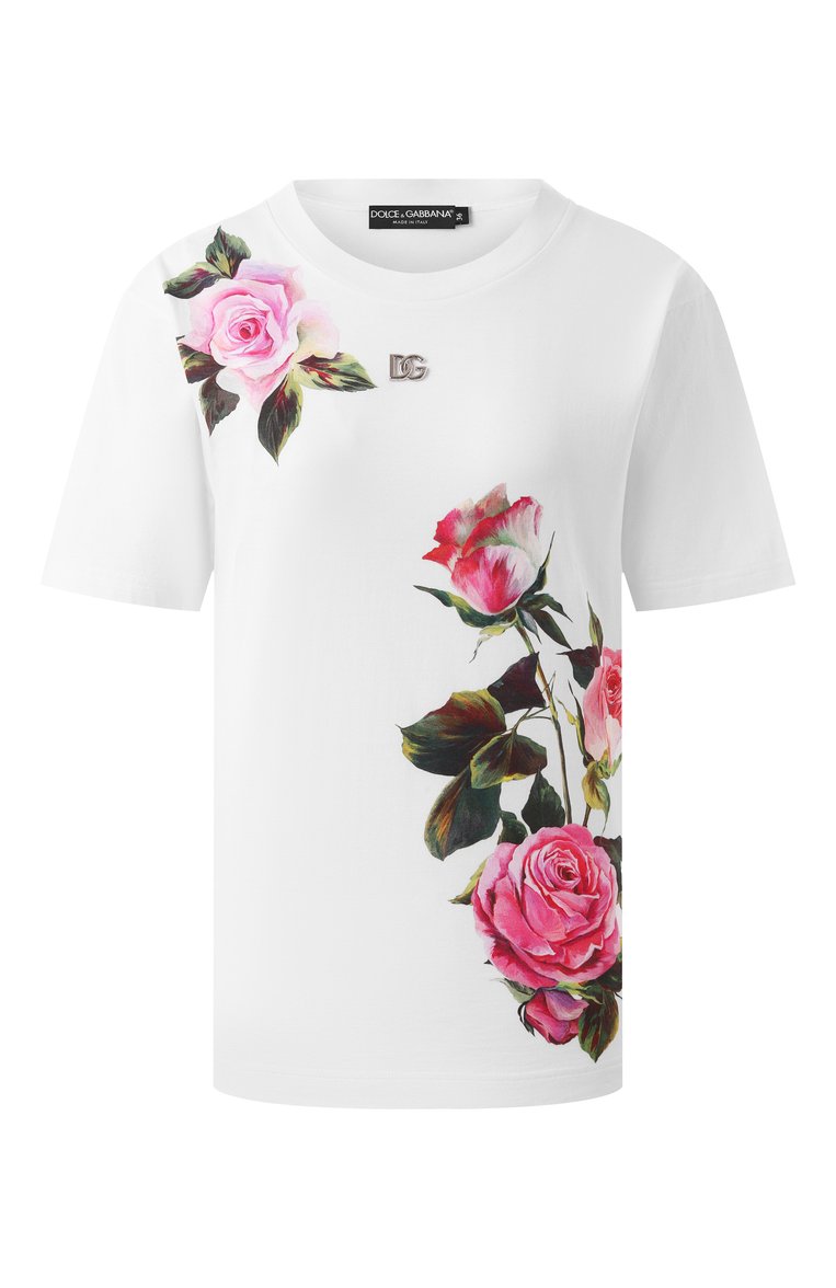 Женская хлопковая футболка DOLCE & GABBANA белого цвета, арт. F8U04T/GDCZS | Фото 1 (Материал внешний: Хлопок; Рукава: Короткие; Длина (для топов): Стандартные; Женское Кросс-КТ: Футболка-одежда; Принт: С принтом; Стили: Романтичный; Автоматизация состава: Проставлено; Автоматизация ТО: Проставлено; Размерность: Товар большемерит; Re-sync: On)