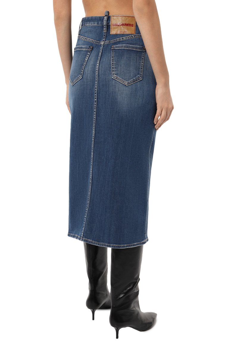 Женская джинсовая юбка DSQUARED2 голубого цвета, арт. S75MA0935/S30342 | Фото 4 (Материал внешний: Хлопок, Деним; Длина Ж (юбки, платья, шорты): Миди; Стили: Кэжуэл; Кросс-КТ: Деним; Автоматизация ТО: Проставлено; Автоматизация состава: Проставлено)