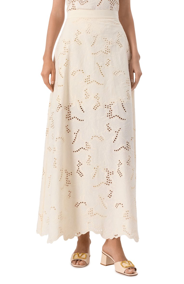 Женская хлопковая юбка ELIE SAAB кремового цвета, арт. SK121 | Фото 3 (Материал подклада: Хлопок; Материал внешний: Синтетический материал, Хлопок; Длина Ж (юбки, платья, шорты): Макси; Стили: Романтичный; Кросс-КТ: костюм)