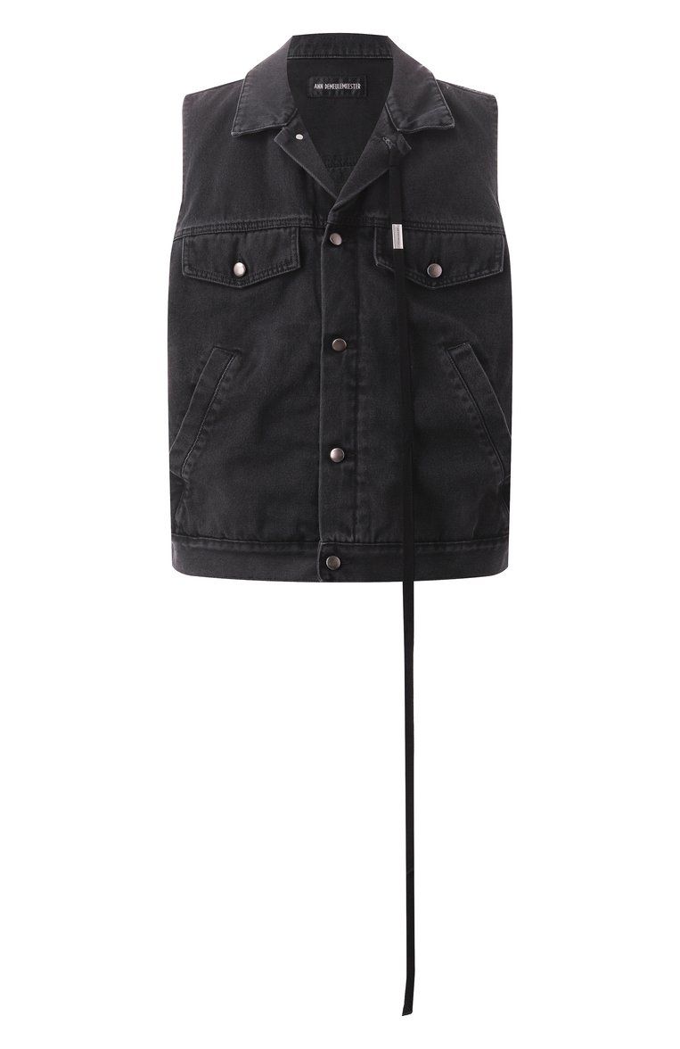 Мужской джинсовый жилет ANN DEMEULEMEESTER черного цвета, арт. B0010293/FA039 | Фото 1 (Длина (верхняя одежда): Короткие; Драгоценные камни: Проставлено; Материал сплава: Проставлено; Кросс-КТ: Деним; Материал внешний: Деним, Хлопок; Стили: Гранж)