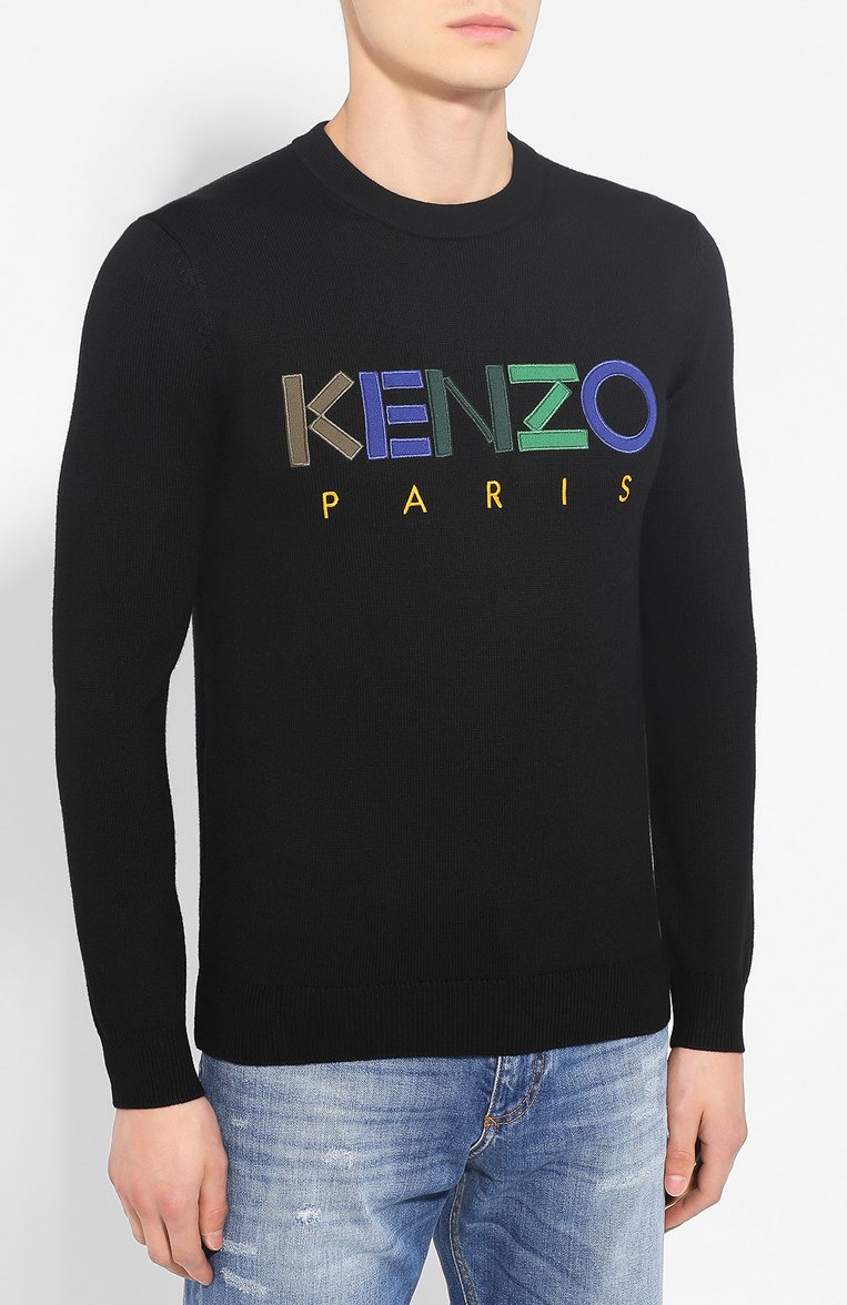 Мужской шерстяной джемпер KENZO черного цвета, арт. F965PU2173LC | Фото 3 (Мужское Кросс-КТ: Джемперы; Материал внешний: Шерсть; Статус проверки: Проверена категория, Проверено; Рукава: Длинные; Длина (для топов): Стандартные; Принт: С принтом; Вырез: Круглый; Стили: Кэжуэл)