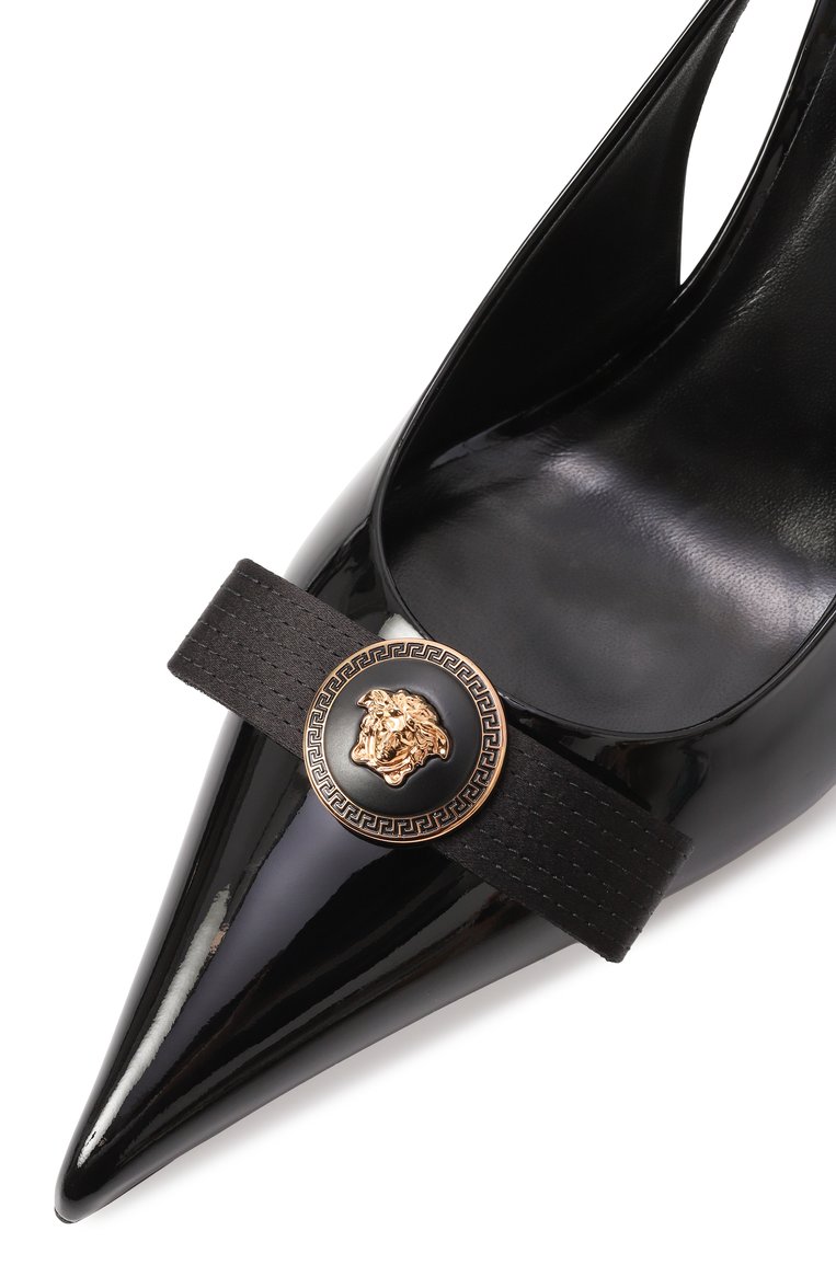 Женские лакированные туфли gianni ribbon 85 VERSACE черного цвета, арт. 1013717/1A08983 | Фото 7 (Материал внешний: Натуральная кожа; Драгоценные камни: Проставлено; Материал внутренний: Натуральная кожа; Подошва: Плоская; Материал сплава: Проставлено; Каблук высота: Высокий; Каблук тип: Шпилька)