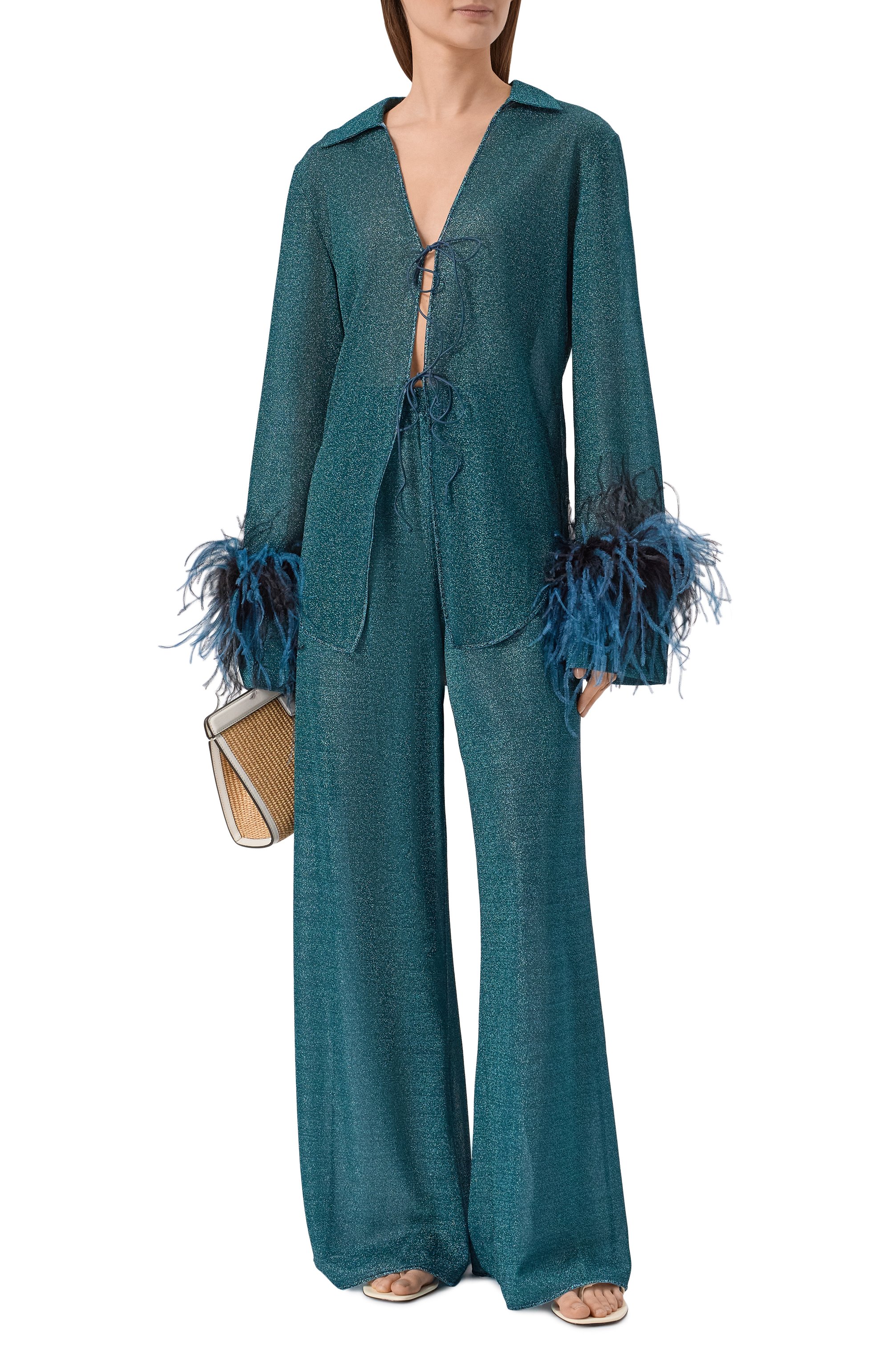 Блузка с отделкой перьями OSEREE зеленого цвета по цене 54050 руб., арт. LZS261/LUREX PLUMAGE, фото 2 Блузка с отделкой перьями OSEREE, арт. LZS261/LUREX PLUMAGE, фото 2