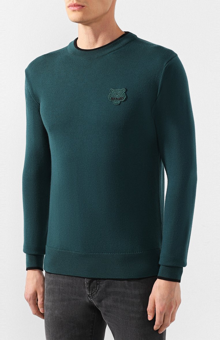 Мужской шерстяной джемпер KENZO зеленого цвета, арт. F965PU2023AB | Фото 3 (Материал внешний: Шерсть; Длина (для топов): Стандартные; Рукава от горловины: Длинные; Мужское Кросс-КТ: Джемперы; Рукава: Длинные; Статус проверки: Проверено, Проверена категория; Принт: Без принта; Вырез: Круглый; Стили: Кэжуэл)