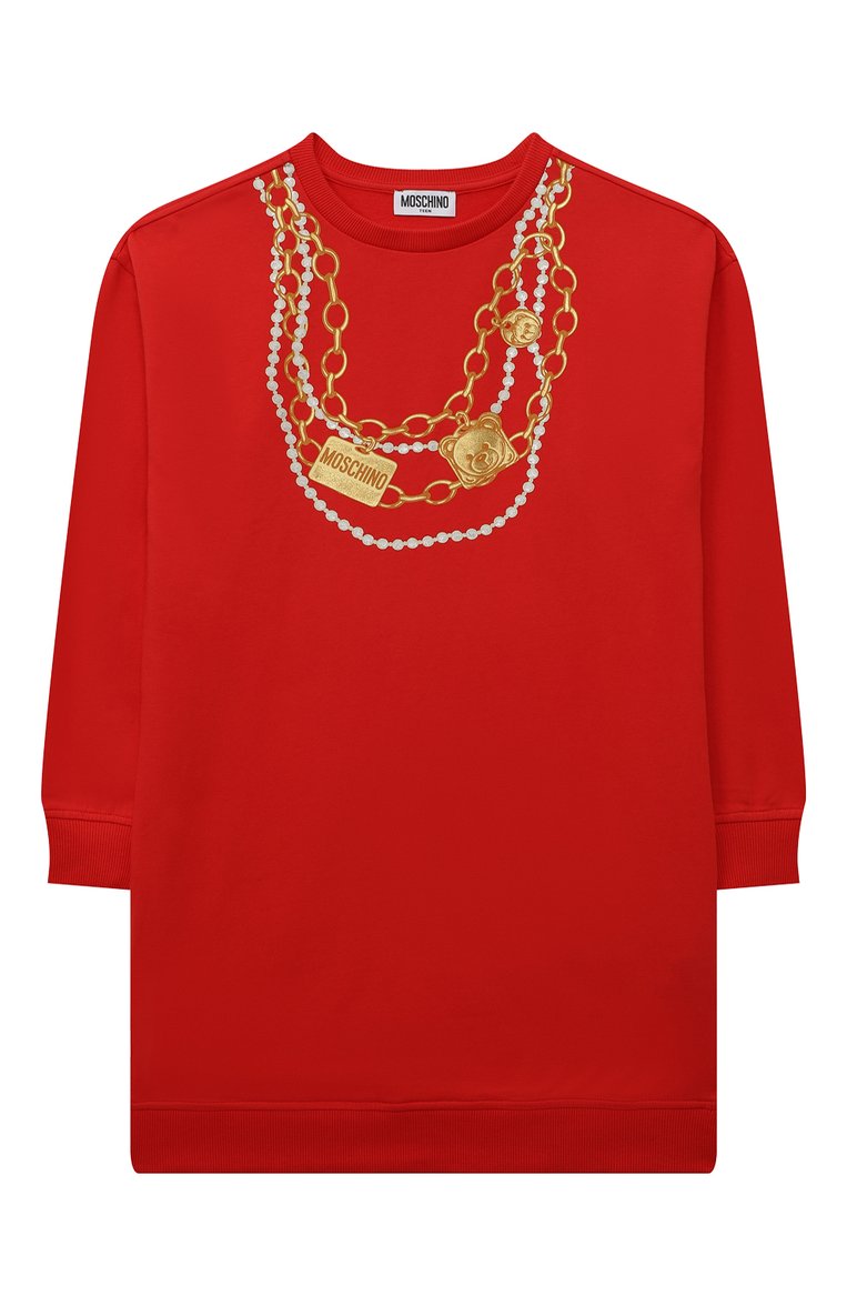 Детское хлопковое платье MOSCHINO красного цвета, арт. HDV0C4/LDA16/4A-8A | Фото 1 (Материал внешний: Хлопок; Рукава: Длинные; Драгоценные камни: Проставлено; Материал сплава: Проставлено; Ростовка одежда: 4 года | 104 см, 5 лет | 110 см, 6 лет | 116 см, 8 лет | 128 см)