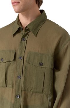 Мужская хлопковая рубашка DRIES VAN NOTEN хаки цвета, арт. 251-020721-1160 | Фото 5 (Длина (для топов): Удлиненные; Материал внешний: Хлопок; Рукава: Длинные; Случай: Повседневный; Воротник: Кент; Манжеты: На пуговицах; Стили: Милитари, Гранж; Принт: Однотонные; Автоматизация состава: Проставлено; Автоматизация ТО: Проставлено)