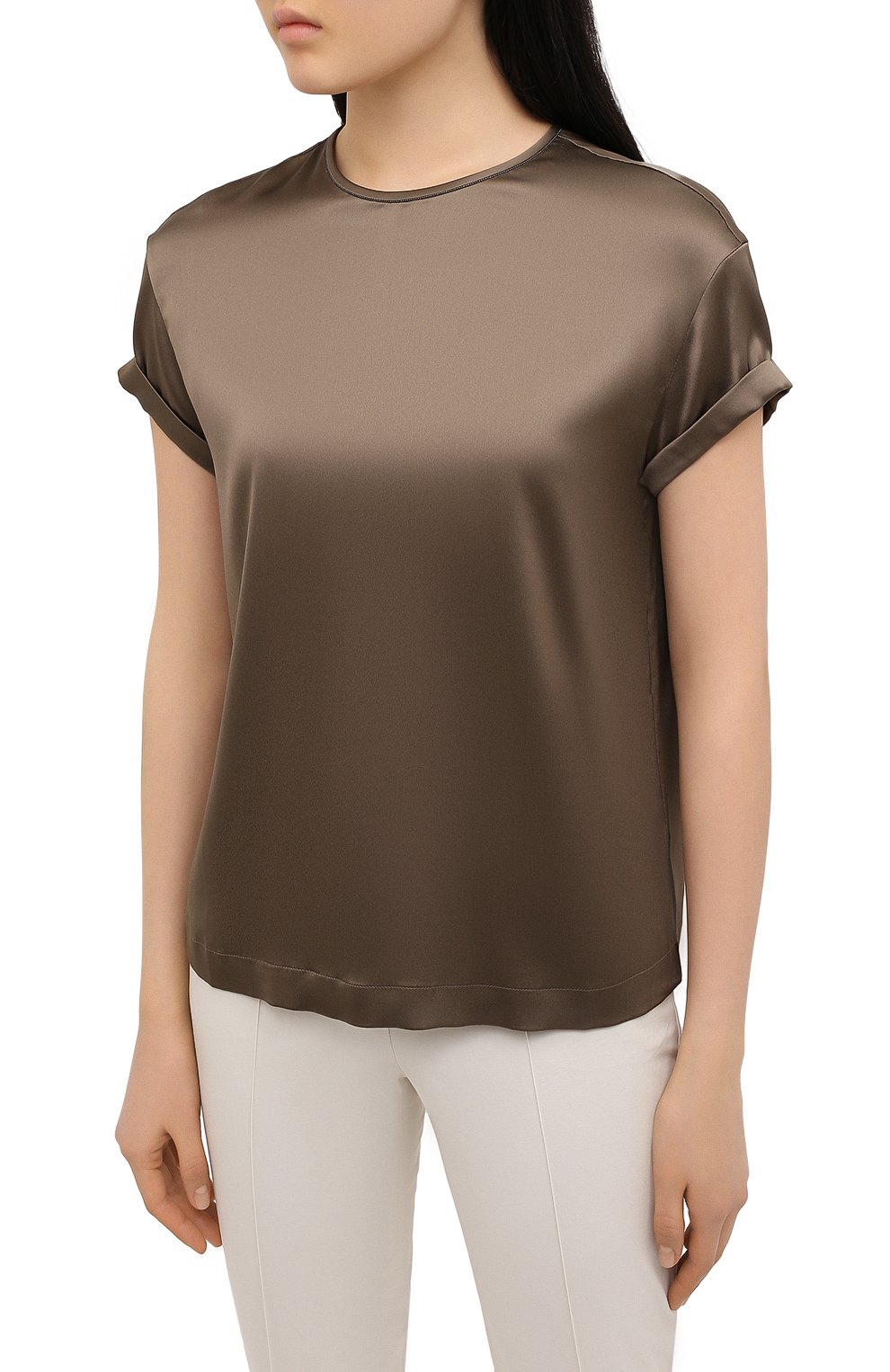 Шелковый топ BRUNELLO CUCINELLI хаки цвета по цене 96350 руб., арт. M0C59DE310, фото 3 Шелковый топ BRUNELLO CUCINELLI, арт. M0C59DE310, фото 3
