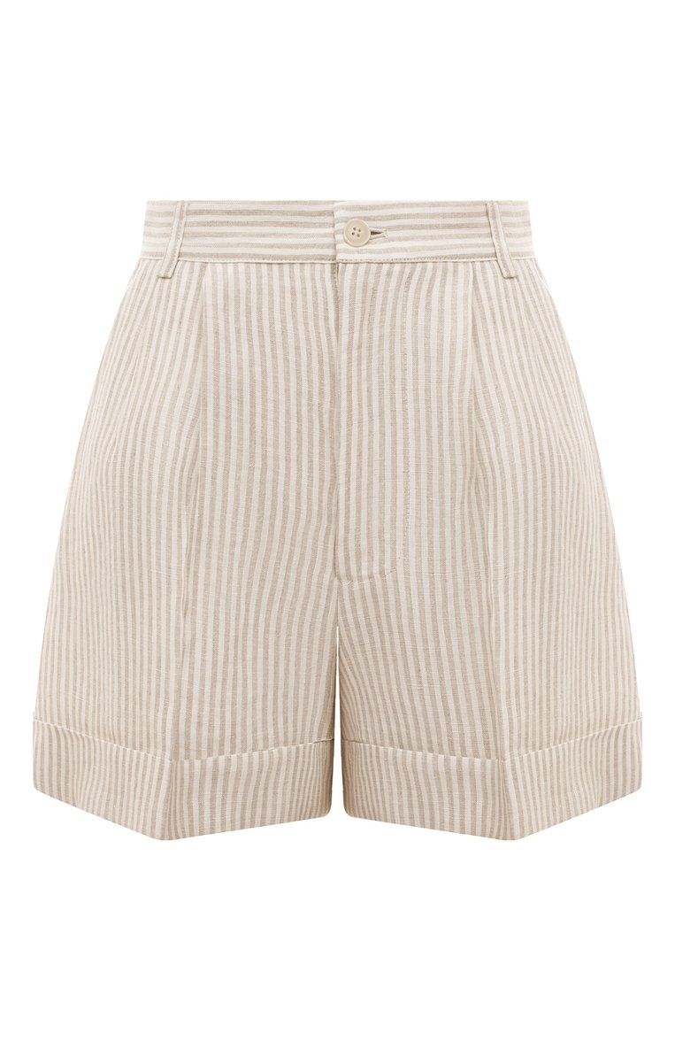 Женские льняные шорты FORTE DEI MARMI COUTURE бежевого цвета, арт. 24SF1805 STRIPED LINEN SH0RT WITH STRIPES | Фото 1 (Материал внешний: Лен; Длина Ж (юбки, платья, шорты): Мини; Стили: Кэжуэл; Автоматизация состава: Проставлено; Автоматизация ТО: Проставлено)