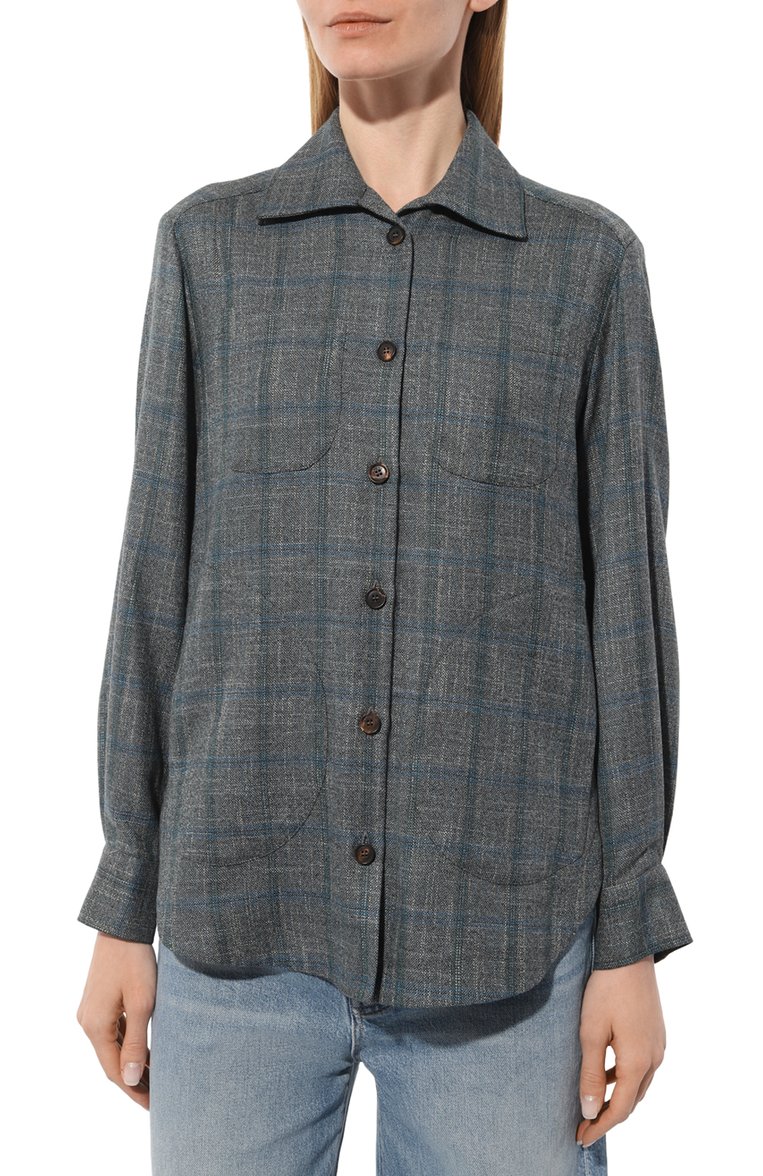 Женская рубашка из шерсти и вискозы KITON серого цвета, арт. D50429K0511C | Фото 3 (Рукава: Длинные; Длина (для топов): Удлиненные; Материал внешний: Шерсть, Вискоза; Принт: С принтом, Клетка; Женское Кросс-КТ: Рубашка-одежда; Автоматизация состава: Проставлено; Автоматизация ТО: Проставле�но)