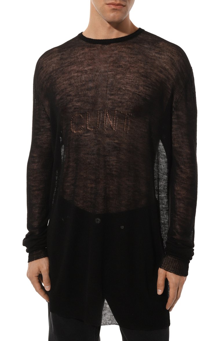 Мужской шерстяной джемпер RICK OWENS черного цвета, арт. RR01D3661/KMP | Фото 3 (Рукава: Длинные; Длина (для топов): Удлиненные; Материал внешний: Шерсть; Мужское Кросс-КТ: Джемперы; Вырез: Круглый; Стили: Гранж; Принт: Без принта; Автоматизация состава: Проставлено; Автоматизация ТО: Проставлено; Детали: Декор)
