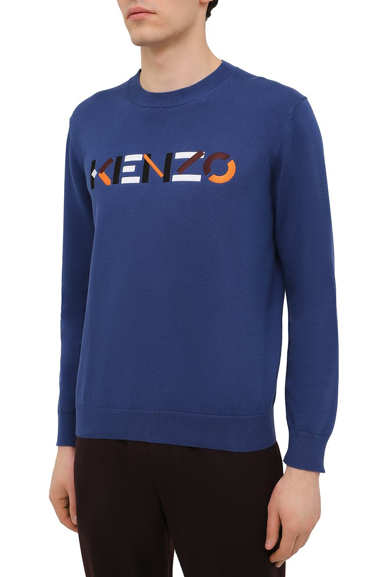 Мужской хлопковый джемпер KENZO синего цвета, арт. FC55PU6943LA | Фото 3 (Длина (для топов): Стандартные; Рукава: Длинные; Материал внешний: Хлопок; Мужское Кросс-КТ: Джемперы; Вырез: Круглый; Принт: С принтом; Стили: Кэжуэл; Нос: Не проставлено)