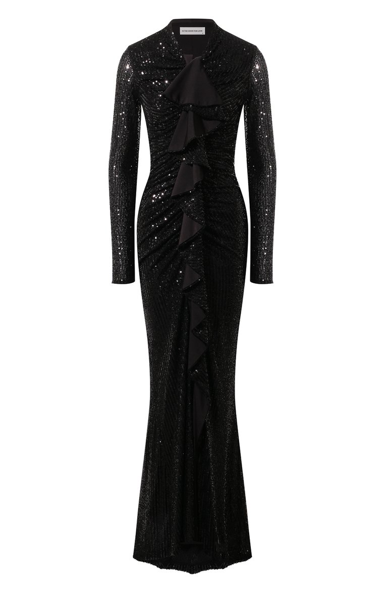 Женское платье с отделкой пайетками IN THE MOOD FOR LOVE черного цв�ета, арт. PF2400100008 | Фото 1 (Длина Ж (юбки, платья, шорты): Макси; Материал внешний: Синтетический материал; Рукава: Длинные; Женское Кросс-КТ: Платье-одежда; Стили: Гламурный; Случай: Вечерний)