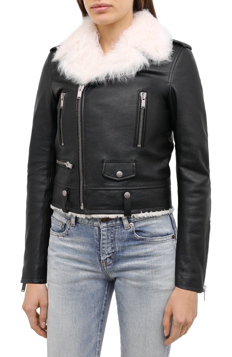 Женская кожаная куртка SAINT LAURENT черного цвета, арт. 633866/YCDD2 | Фото 3 (Длина (верхняя одежда): Короткие; Рукава: Длинные; Женское Кросс-КТ: Замша и кожа; Кросс-КТ: Куртка, Утепленные; Материал утеплителя: Натуральный мех; Материал внешний: Натуральная кожа; Автоматизация состава: Проставлено; Автоматизация ТО: Проставлено)