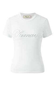 Женская хлопковая футболка BLUMARINE белого цвета, арт. P522T082A | Фото 1 (Длина (для топов): Стандартные; Рукава: Короткие; Материал сплава: Проставлено; Материал внешний: Хлопок; Драгоценные камни: Проставлено; Принт: С принтом; Стили: Кэжуэл; Женское Кросс-КТ: Футболка-одежда)