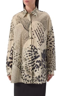 Женская хлопковая рубашка DRIES VAN NOTEN бежевого цвета, арт. 251-010700-1110 | Фото 3 (Материал внешний: Хлопок; Длина (для топов): Удлиненные; Рукава: Длинные; Стили: Кэжуэл; Принт: С принтом; Женское Кросс-КТ: Рубашка-одежда)